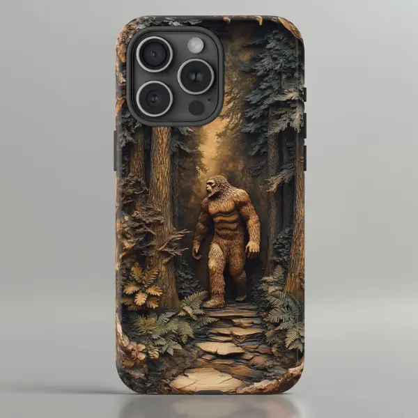 3D Hand-Carved Bigfoot in the Woods Wood Effect Phone Case - Printed Rustic Forest Design, TPU-PC Dual Layer, Shockproof, Scratch-Resistant Glossy Finish Tough Case for iPhone 11-17 & Samsung Galaxy S21-S26 All Series
