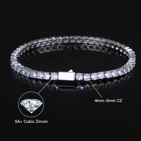 4mm-5mm Round Cut Tennis Bracelet for Men Women, Classic AAAAA+ Cubic Zirconia Hypoallergenic Bracelet, Simulated Diamond Tennis Chain Size 7-8 Inch