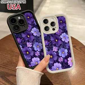 Purple Flowers Pattern Phone Case for iPhone 16 15 14 Pro Max 13 12 11 XR XS Plus Shockproof Full Camera Protection Durable slim Silicone Cover Protector Protective
