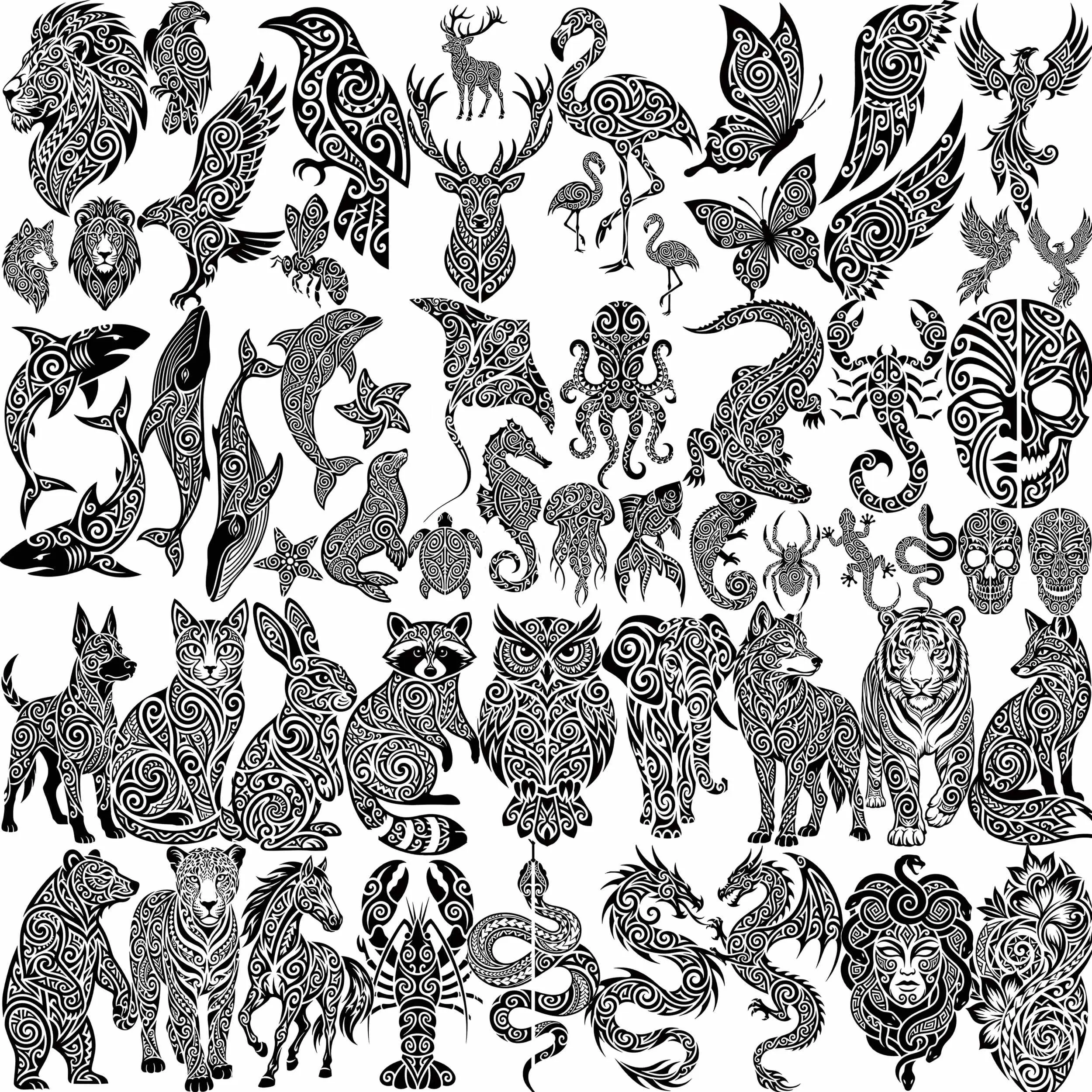 GLARYYEARS Large Size Temporary Tattoos for Men - 60pcs Maori Hawaiian Tribal Fake Stickers, 34 Sheets Waterproof Long-Lasting Body Art, Polynesian Animal Designs for Arm Leg Neck, Halloween Accessory (Ocean Wild)