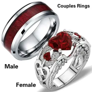 Meilord Forever Love Heart Shaped Ring Set for Her and Him Red Celtic Dragon Ring Matching Couple Rings for Wedding Bands Anniversary Engagement Promise Rings Bridal Sets