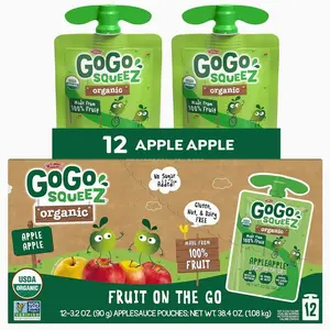 GoGo squeeZ Organic Applesauce and Fruit Puree, Apple Apple, 3.2 oz (Pack of 12), Unsweetened Organic Fruit Snacks for Kids, Gluten Free, Nut Free and Dairy Free, Recloseable Cap, BPA Free Pouches