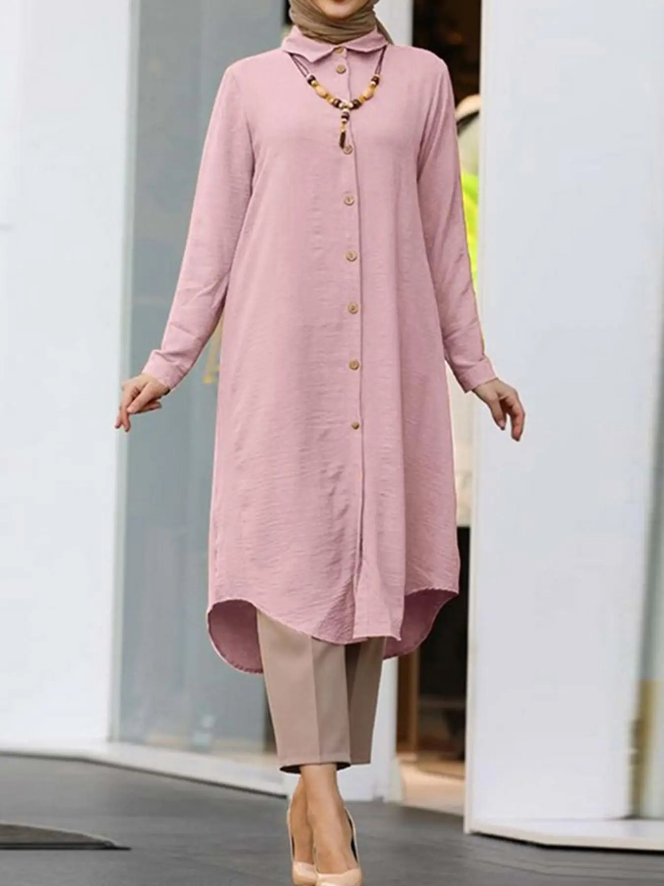 Women's Plain High Low Hem Button Long Sleeve Kaftan Dress, Casual Collared Long Dress for Summer, Women's Islamic Clothing for Daily Wear