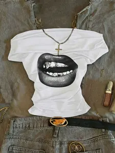 Women's Off Shoulder Crop Top, Y2K Grunge Chic Style Lip Print Short Sleeve T-Shirt, Casual Streetwear For Summer Daily Wear, Womenswear