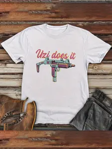 Guns Did It Men's Casual Short Sleeve T-Shirt - Bold Uzi Does It Graphic Print, Vibrant Color Block Design, Regular Fit Round Neck 100% Cotton Summer Tee for Outdoor Activities, Casual Attire Shirt, Comfortable Wear Material, Digital Print Shirt