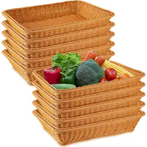 10 Pack Poly Wicker Bread Baskets, 15.75 x 11.81 x 3.15" Woven Serving Baskets for Gifts, Rattan Rectangular Trays for Bread Fruit Vegetables Snacks, Stackable for Restaurant Home