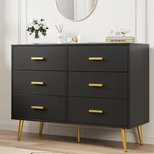 6 Drawer Wooden Dresser with Gold Knobs, Large Storage Chest for Bedroom Living Room or Entryway, Modern Bedroom Furniture