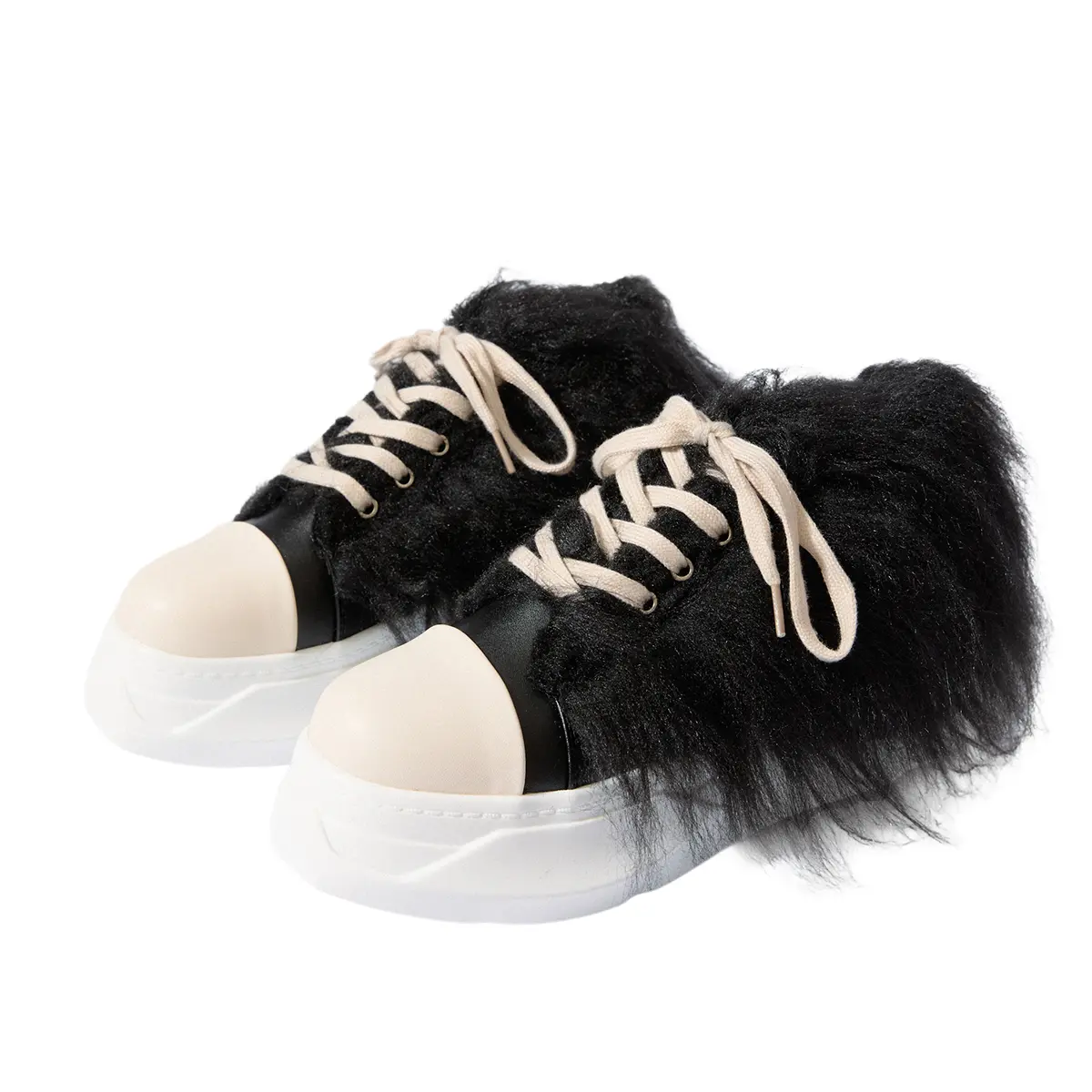 Women's Fuzzy Fur-Trimmed Platform Sneakers Leather Accent Lace-Up Fashion Sneakers with Chunky Sole Stylish Distinctive for Casual Walking Streetwear