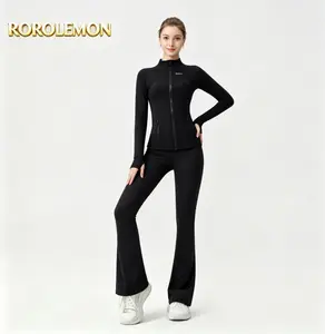 ROROLEMON Women's 2-Piece Yoga Outfit - Slim Long Regular Zip Jacket & High-Waisted Flared Pants Fitness Set