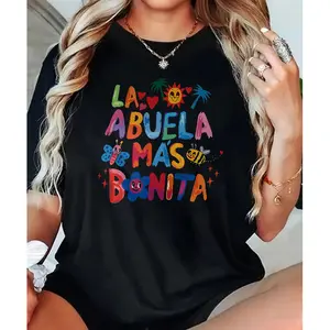 La Abuela Mas Bonita' Spanish Colorful Doodle Print T-shirt Latina Grandma Style Casual Top