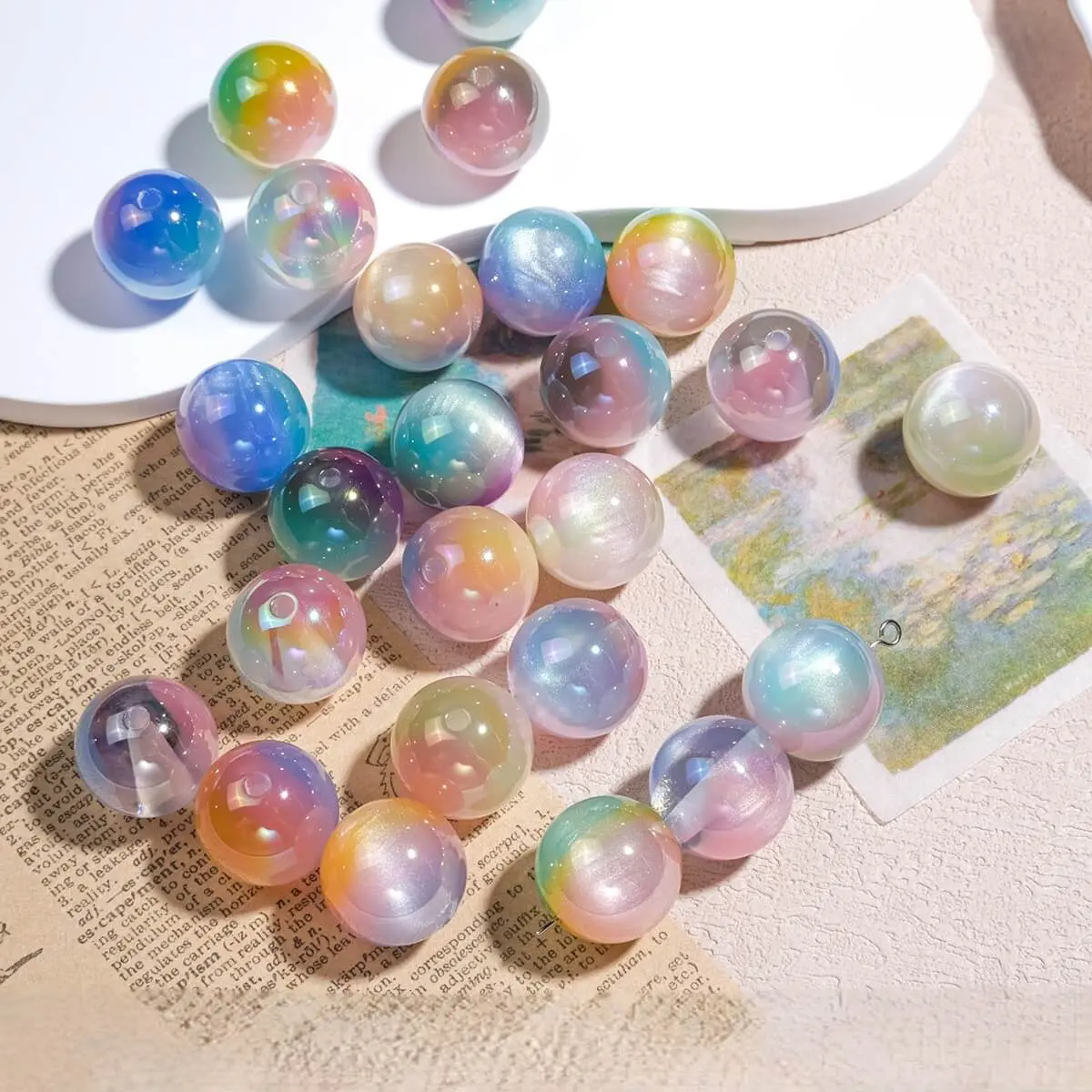 (100pcs per Package) 16MM 2-Tone Aurora Glitter Oil Painting Beads with Pierced Gold Flake, Sparkle Crafting Kit for Beads Making, DIY Jewelry Projects
