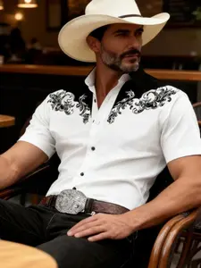 Men's Western Cowboy Style Embroidered Short Sleeve Shirt, Vintage Print Button Shirt, Multiple Colors, Ideal for Rodeo, Casual, Parties