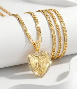 14 k Gold Plated Heart St Jude Pendant Necklace, Fashion Religious Charm Necklace for Party, Daily Decor, Trendy All-match & Exquisite Jewelry for Birthday Gift, Cuban Link Chain, Faith Pendant, Cuban Links Necklace