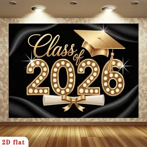 1pc 2D Flat Class of 2026 Graduation Backdrop, Black & Golden Grad Cap Diploma Banner, Polyester Fabric 2026 Graduation Decorations for Party, Home