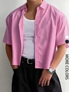 Men’s Cropped Pinstripe Short Sleeve Button Down Shirt, Oversized Boxy Fit Striped Casual Top, Navy Blue Cropped Streetwear Blouse, Y2K Clean Fit Style Summer Shirt for Urban Outfits, Daily Wear, Multiple Colors Available