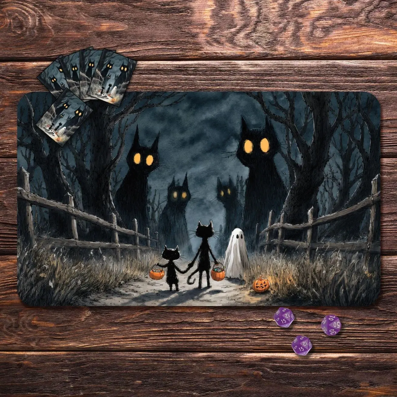 MTG Playmat - Halloween Black Cat Custom Playmat 24"x14"/31"x15.5", Zones & Seam Option