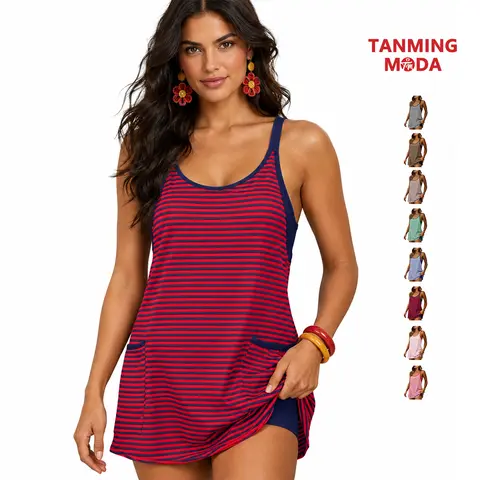 TanmingModa Women's Summer Sleeveless Striped V-Neck Tennis-Style Mini Dress with Built-in Shorts - Tennis Wear, Athleisure, Vacation Outfits, Casual Sun Dresses