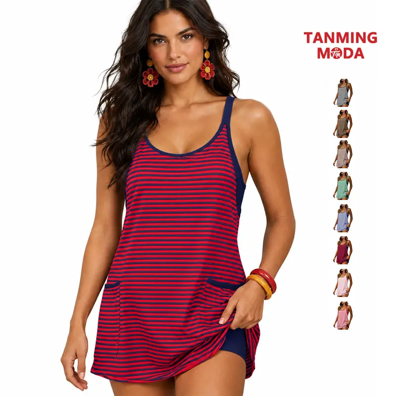 TanmingModa Women's Summer Sleeveless Striped V-Neck Tennis-Style Mini Dress with Built-in Shorts - Tennis Wear, Athleisure, Vacation Outfits, Casual Sun Dresses