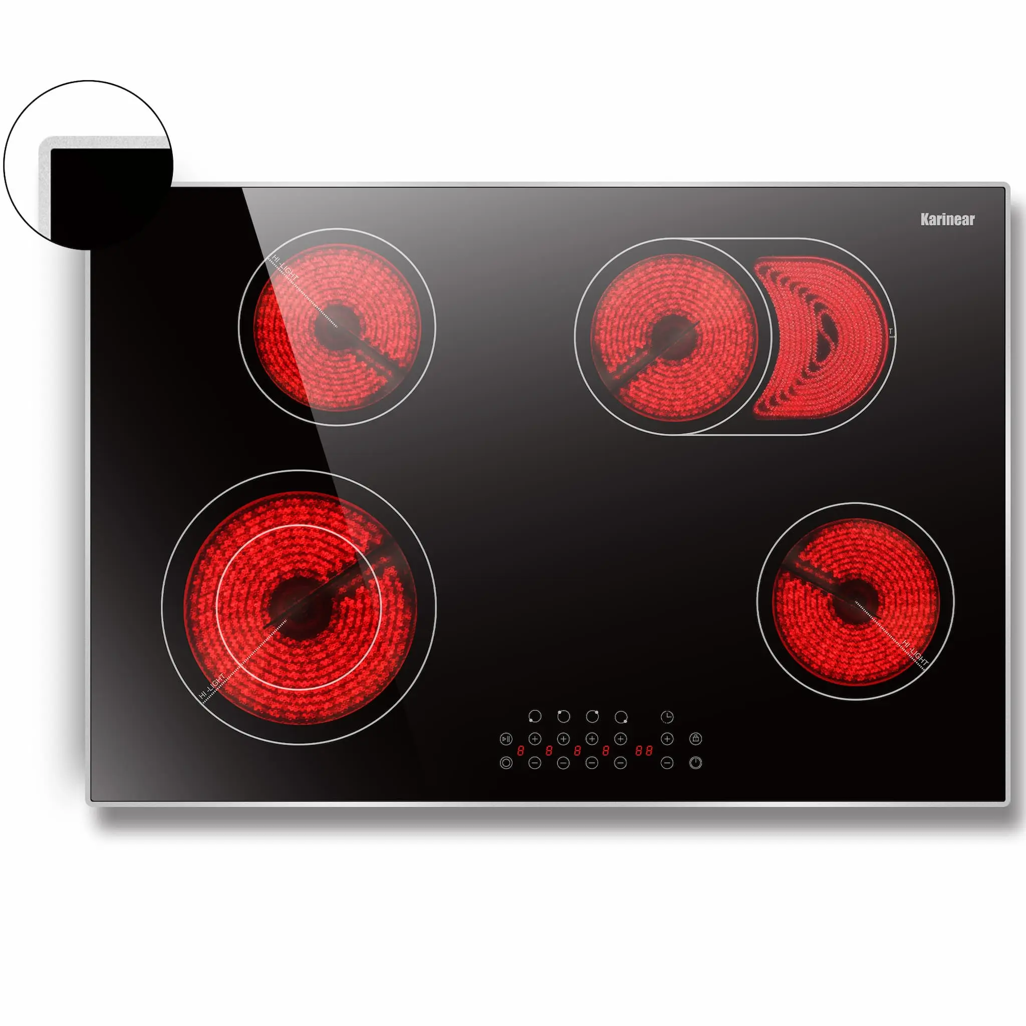 Karinear 30-Inch 4-Burner 6600W Built-In Electric Cooktop for Kitchen, Tempered Glass Protection, Metal Frame, Hot Surface Indicator, 220-240V Hardwired (No Plug)