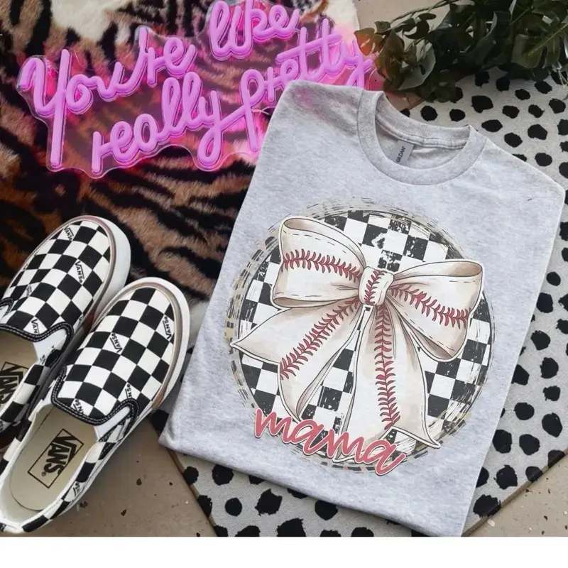 Women's Bleached Checkered Baseball Mama Bow Pullover Sweatshirt, Gildan