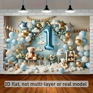 2D Flat,1pc 1st Birthday Party Backdrop with Balloons, Teddy Bears & Number 1 - Polyester Fabric Wall Covering, Perfect for Living Room, Bedroom, Office, and Outdoor Decor, Ideal for Parties