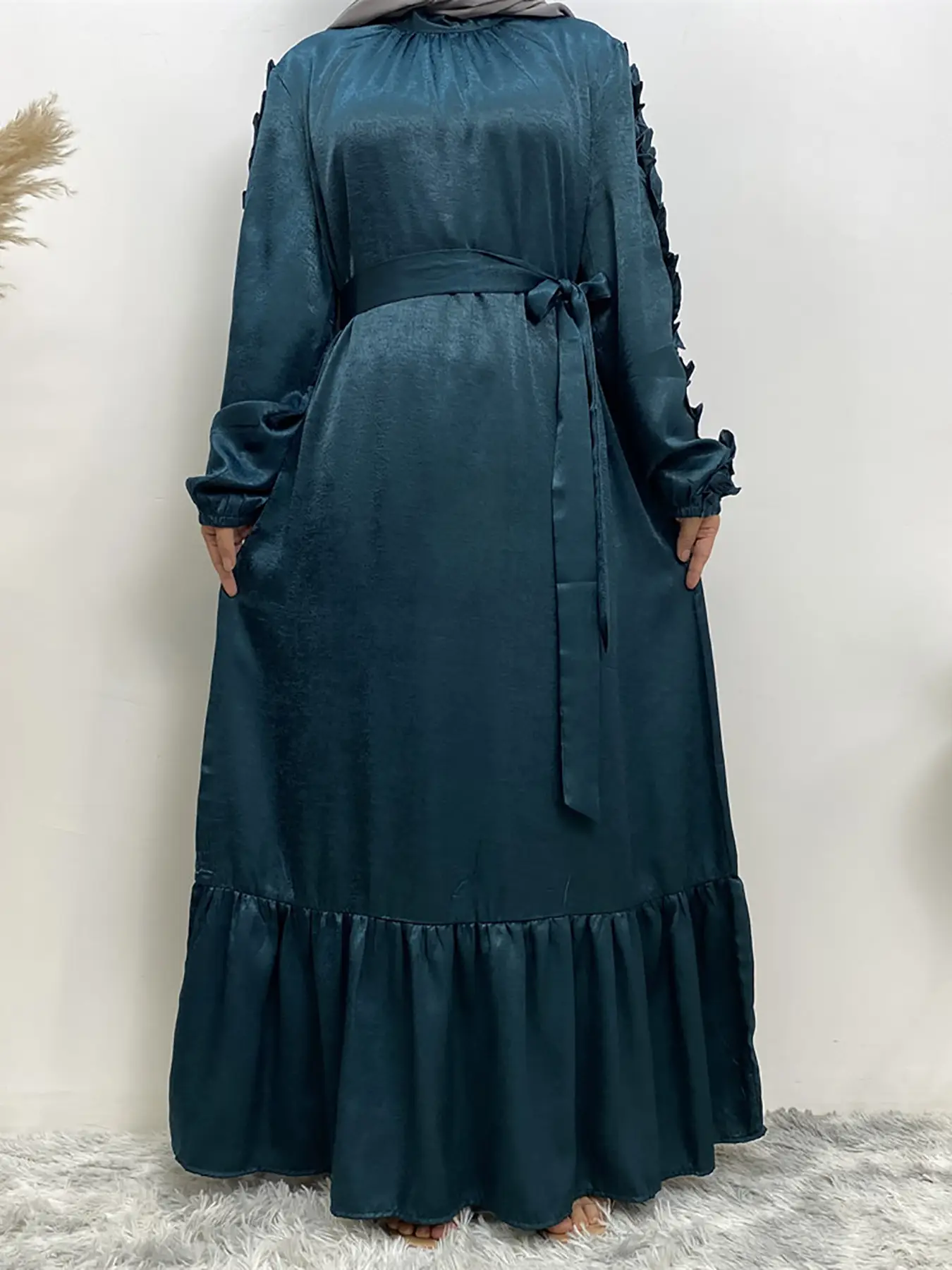 Women's Plain Frill Trim Belted Ruffle Hem A Line Dress, Elegant Bishop Sleeve Keyhole Neckline Long Dress for Party Holiday Wedding Guest, Ladies Sum