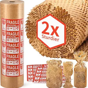 1 Roll Honeycomb Packing Paper, Perforated, Recyclable, Plastic-Free, Moving Supplies, Shipping & Moving, Fragile Stickers Included