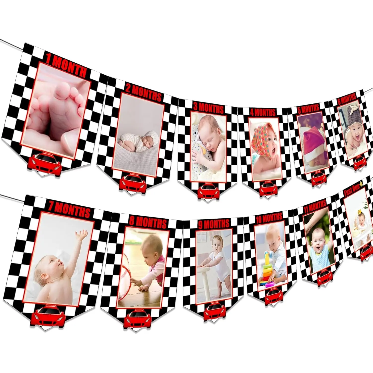 LaVenty Racing Car Themed Happy Birthday Banner - 12-Month Size, Bold and Vibrant High-Speed Decorative Party Supplies, Checkered Flags Print Ornament, Photo Centerpiece Backdrop