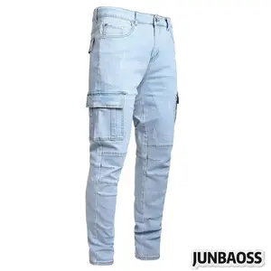JUNBAOSS Men's Slim Fit Stretch Jeans Cargo Skinny Jeans for Men, Distressed Straight Leg Fashion Casual Comfort Flex Waist Denim Pants, Menswear Trouser Streetwear Jean with Plain Pockets Beige Black Fabric Classic