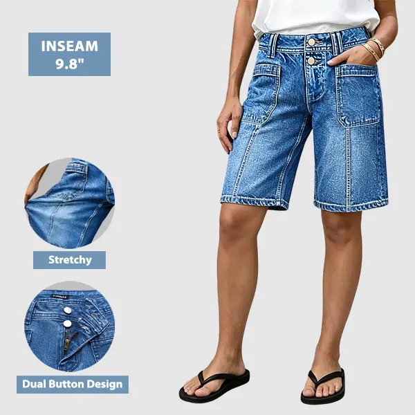 Flamingals Wash Dual Button Stitch Detail Mid Waist Denim Bermuda Shorts Womenswear Stretchy 9.8" Inseam