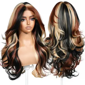 BrownBomb Calico Feather Synthetic 13*6 HD Lace Body Wave Wig - 26 Inch, Airy Glueless, Pre-Cut Lace, Pre-Plucked, Face-Framing Curly Bangs, Perfect Free Part, Heat-Resistant Fiber, Realistic for Daily Wear, Parties, Summer Events