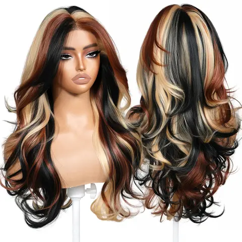 BrownBomb Calico 24in Synthetic Lace Front Body Wavy Wig - 13*6 HD Lace, Lightweight Glueless, Pre-Cut, Pre-Plucked Face-Framing Bangs, Perfect Free Part, Heat Resistant Fiber, Realistic for Daily Wear, Summer Events, Synthetic Wigs