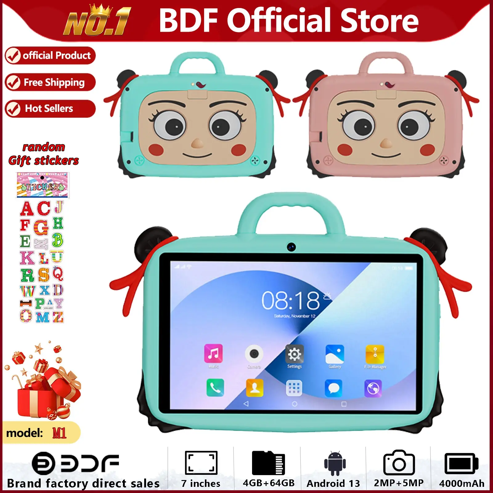 Tablet Bdf T5, 64GB Storage, 4GB RAM, 7-Inch Screen, Battery-Powered, Portable Design, Durable Lightweight Body, Rechargeable Tablet, Ideal for Kids and Beginners