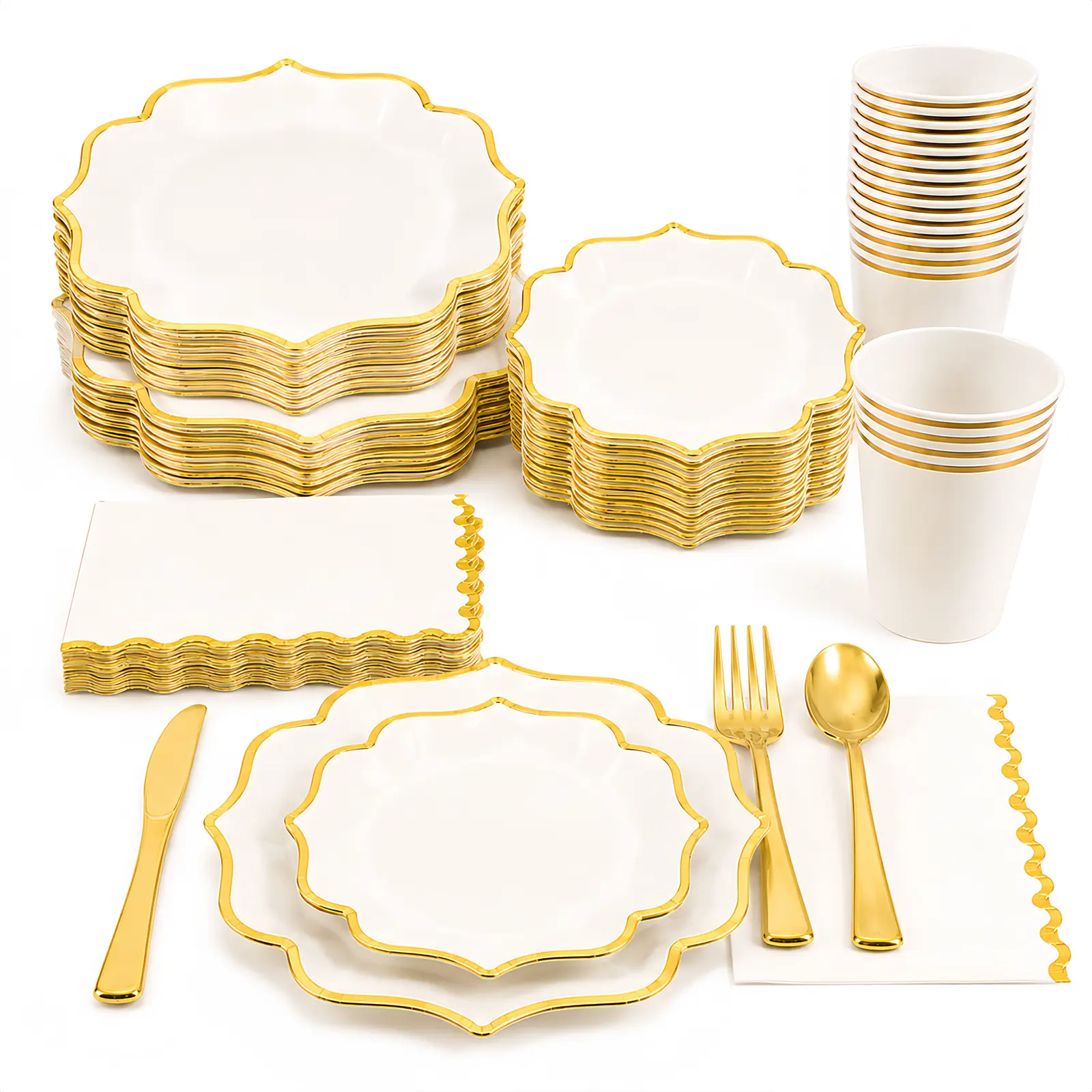175-Piece Plastic Party Dinnerware Set for 25 Guests, Disposable White & Gold Plates, 9 oz Cups, Forks, Spoons, Knives & Napkins for Parties & Weddings