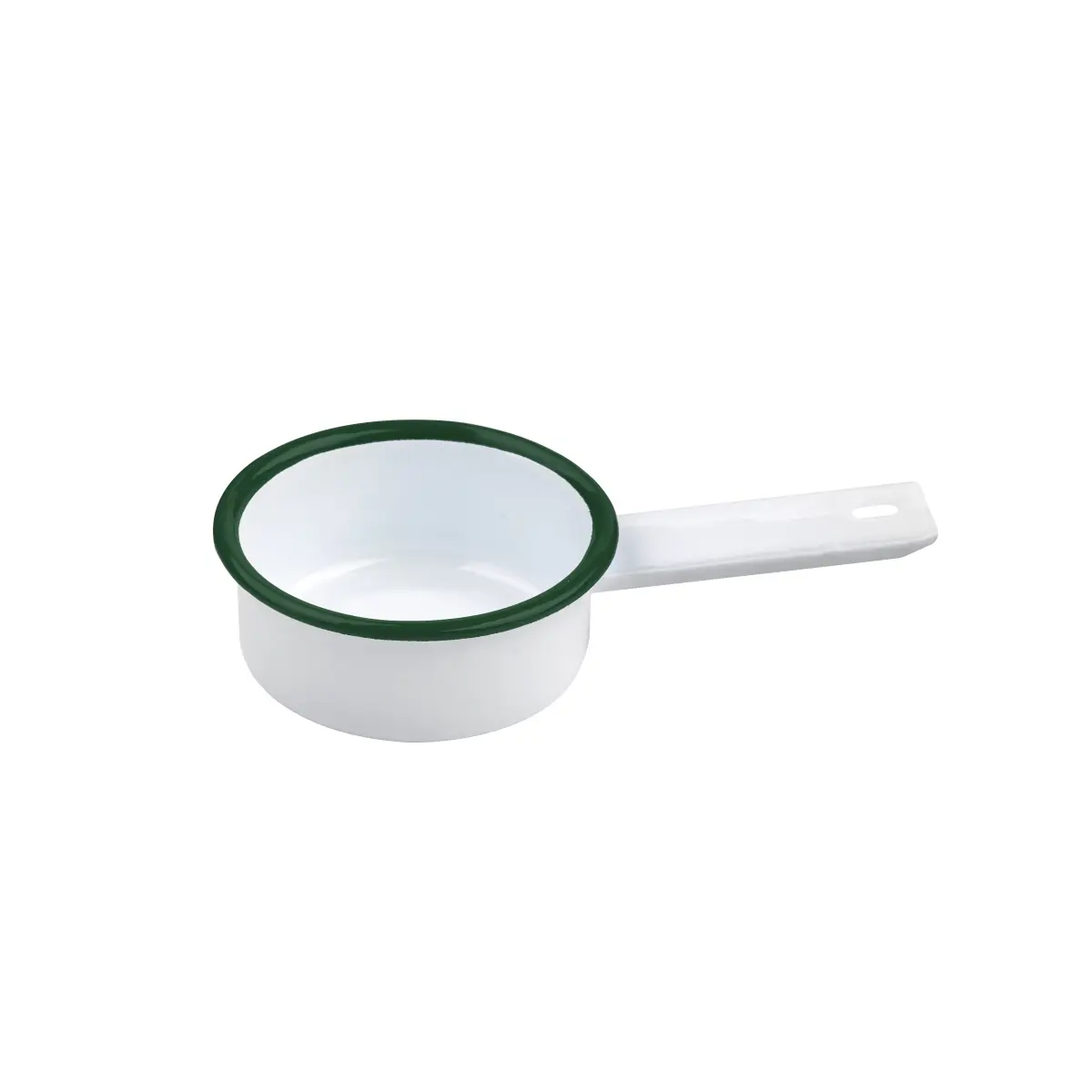 Packnwood 294ENPAN100 3 oz Rim Enamel Mini Saucepan, White with Green - 12 Piece
