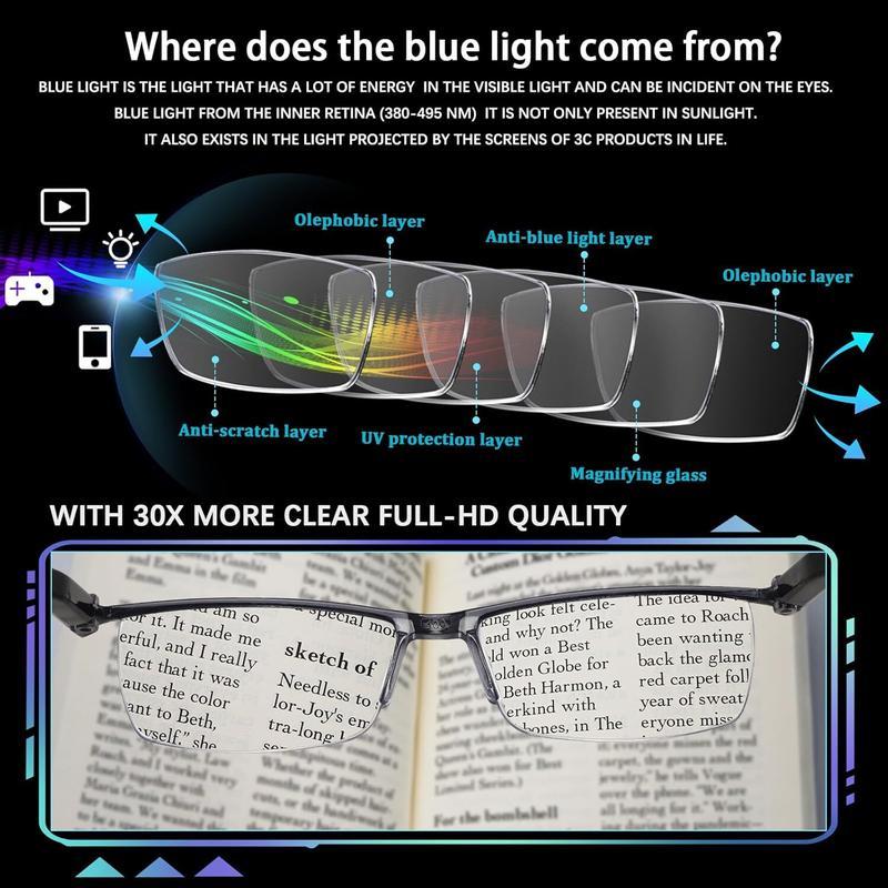 3 Pack Reading Glasses Men Blue Light Blocking Readers Half Rim Computer Eyeglasses with Spring Hinge Anti Eye Strain Business Style Comfortable Readers for Men Year-round Essential Birthday Christmas Gift for Dad Grandpa