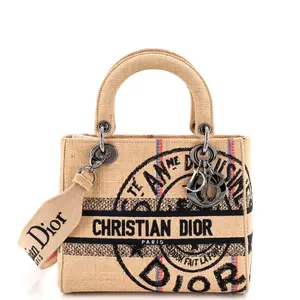 Pre-owned Dior Jute Shoulder Bags Christian Lady D Lite Bag Embroidered Canvas Medium by Rebag