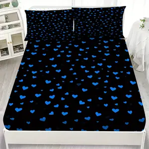 2/3pcs Blue Hearts Black Fitted Sheet Set, 1 Fitted Sheet and 2 Pillowcases, Fashion Inspired Bedding Set, All Seasons Bedding Set Perfect for Home and Dorm Decor, Soft and Machine Washable, Bed Sheets Set