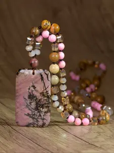 Vintage Natural Rhodochrosite Square Pendant Necklace, Bohemian Style Handmade Knot Faceted Glass Long Necklace, Perfect Gift for Women