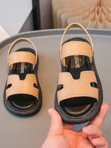 Sandals 6-12 Years, Unisex, Plain Design, Hook-And-Loop Soft Sole, Lightweight, Non-Slip, Open-Toe, Flat, Summer Wear