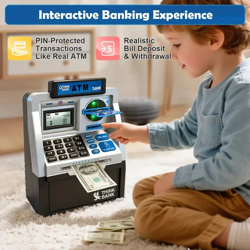 【Back To School Sale】 Kids ATM Piggy Bank Toy - Money Saving Tool with Realistic Keypad, Password Secure Feature, Coins & Bills Storage, Ideal for Birthdays, Holidays Gifts (Home Organizer)