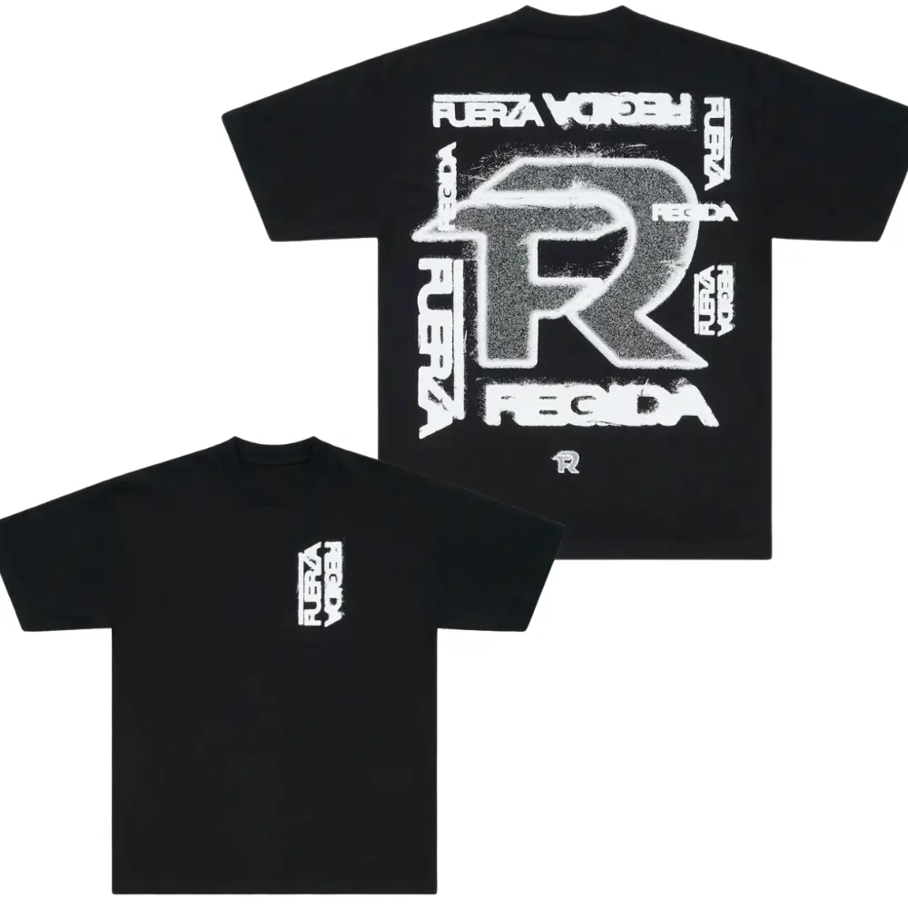 Fuerza Regida Grunge Graphic T-Shirt, Soft Cotton Blend Shirt with Bold "R" and Logo Design, Urban Streetwear Apparel for Men & Women, Perfect Gift for Music Fans Black Casual