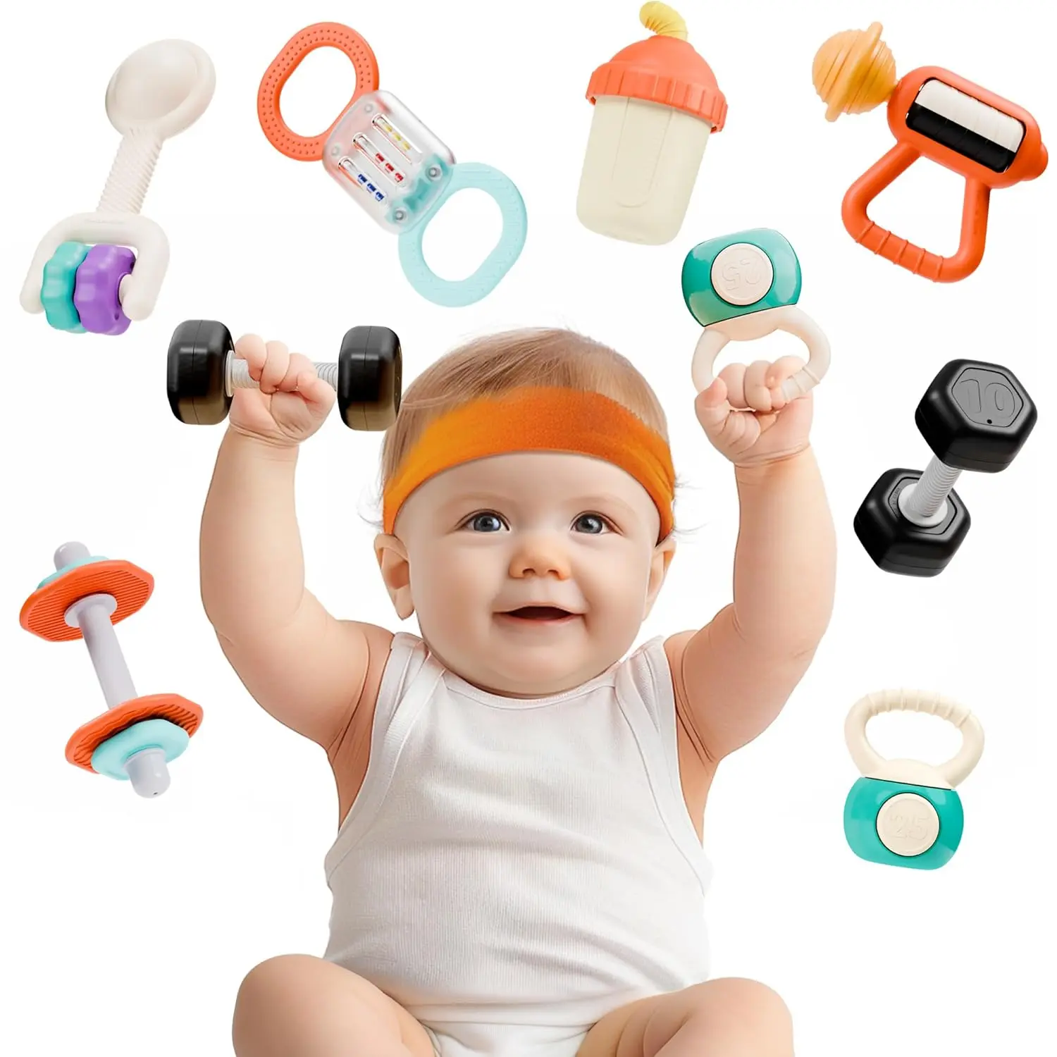 Baby First Gym Rattle Set, Infant Dumbbell Weights Teething Rattles 3-6-12 Month, Newborn Workout Sensory Stroller Toy, Babies Birthday Shower Gift 5 7 8 9 10 Month Toddler Boy Girl-7PCS