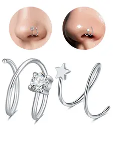2PCS Double Nose Ring Hoop for Nose Piercing Stainless Steel Spiral Twist Nose Hoop 20G Nose Piercing Hoop for Women Clear CZ Twist Nose Ring