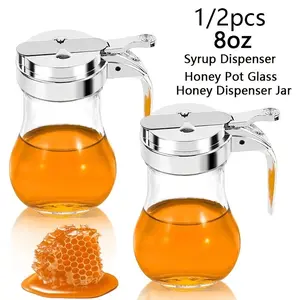1/2Pcs 6oz Syrup Dispenser Honey Pot Glass Honey Dispenser Jar, Maple Syrup Dispenser, Honey Container, Commercial Quality With Handle Honey Dispenser for Home Kitchen Storage