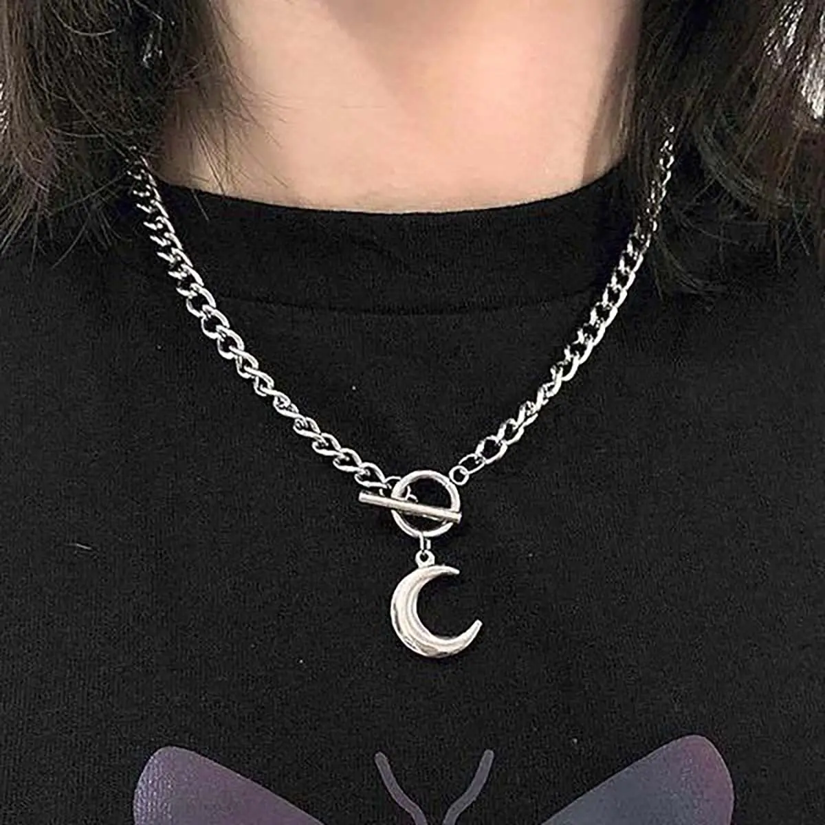 Silver Moon Minimalist Stackable Clavicle Chain Necklace with OT Chain, Daily Wear Jewelry Accessory for Daily Matching, Daily Wear Necklace