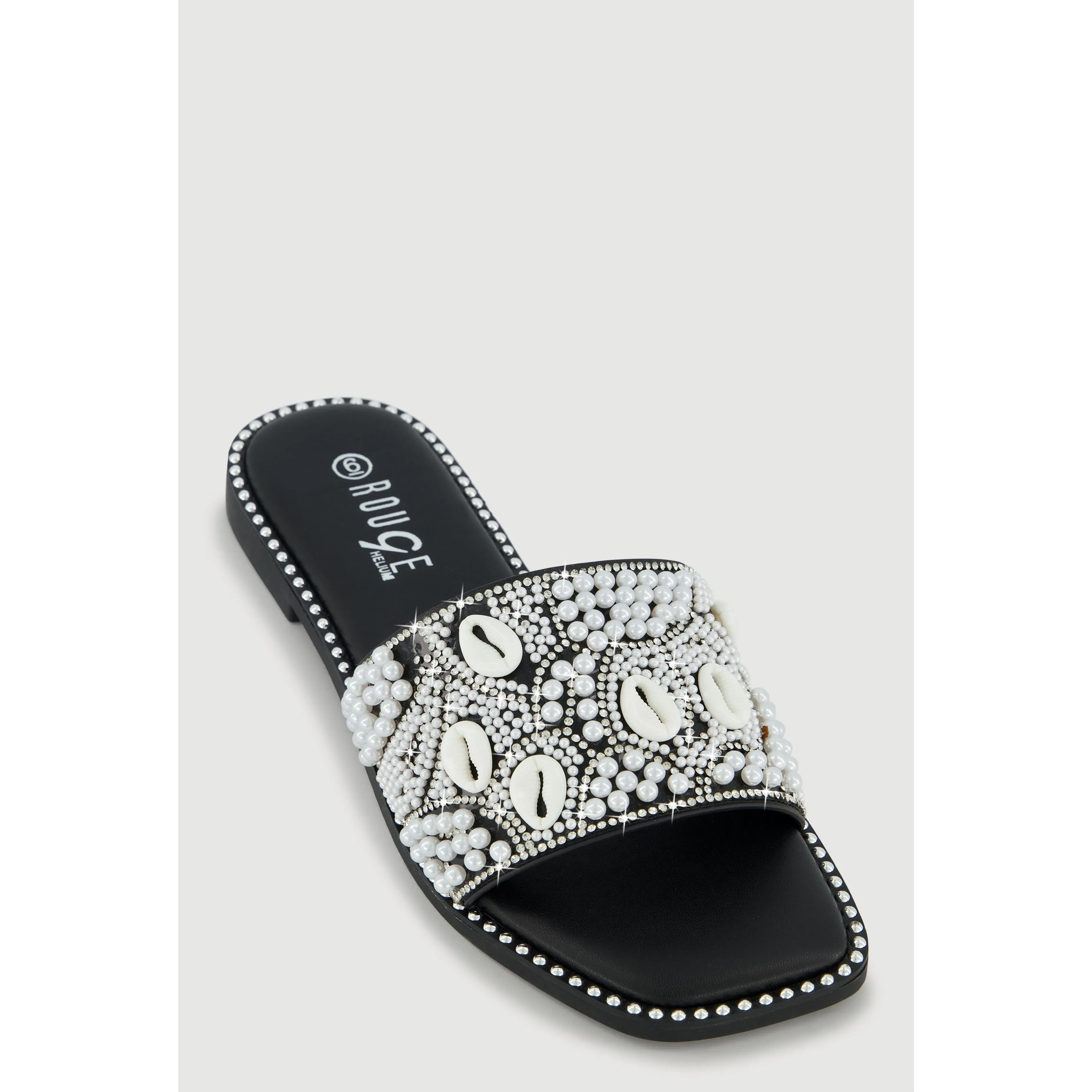 Rhinestone Faux Pearl Cowrie Shell Slide Sandals