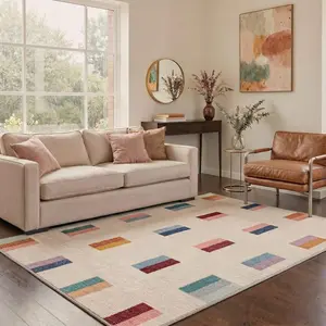 Washable Area Rugs for Living Room, Machine Washable Non Slip Low Pile Abstract Checkered Neutral Modern Print Pattern Rug for Bedroom Dining Room Home Office, Minimalist Style Beige/Multi