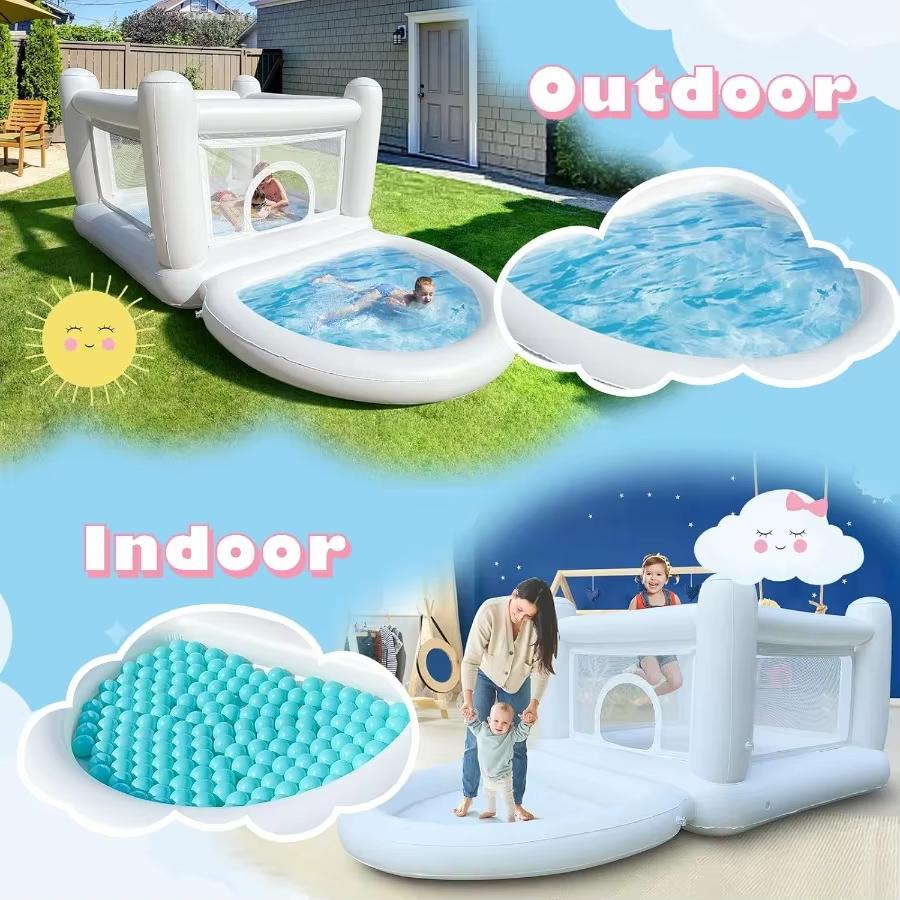 White Bounce House for Kids Indoor Bouncy Castle with Pump Toddler Bounce House PVC Waterproof Materials Easy to Clean Outdoor Toddler Toys White Bounce House With Ball Pit Indoor Playhouse Bouncy Castle  Outdoor Playhouse Inflatable Yard Decorations