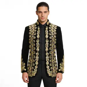 Pyiujtr Men's Baroque-Inspired Velvet Blazer with Knot Embroidery & Gold Crystal Details Masculine Court Suit Jacket for Royalcore Style